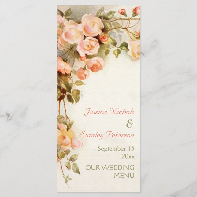 Vintage romantic painting of roses wedding menu (Front)