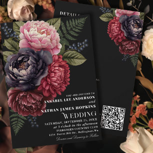 Vintage Romantic Peony Floral Wedding QR Code Invitation