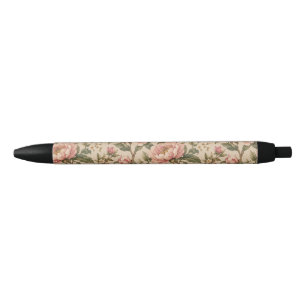 Vintage Romantic Peony & Rose Garden Pattern Black Ink Pen