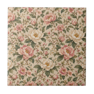 Vintage Romantic Peony & Rose Garden Pattern Ceramic Tile