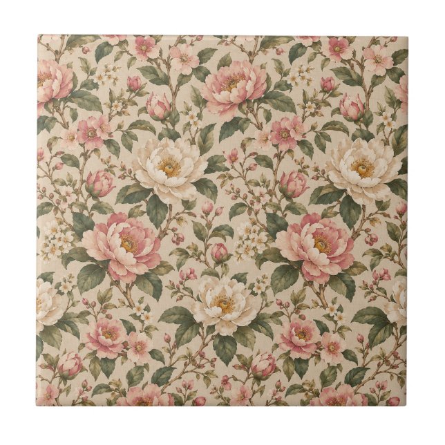 Vintage Romantic Peony & Rose Garden Pattern Ceramic Tile (Front)