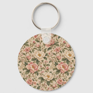 Vintage Romantic Peony & Rose Garden Pattern Key Ring