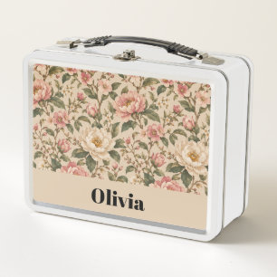 Vintage Romantic Peony & Rose Garden Pattern Metal Lunch Box