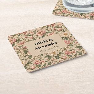 Vintage Romantic Peony & Rose Garden Pattern Square Paper Coaster