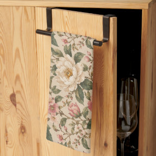 Vintage Romantic Peony & Rose Garden Pattern Tea Towel