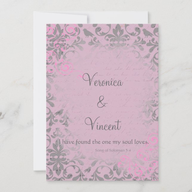 Vintage Romantic Pink and Grey Damask Wedding Invitation (Front)