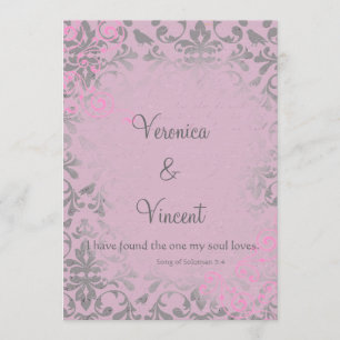 Vintage Romantic Pink and Grey Damask Wedding Invitation