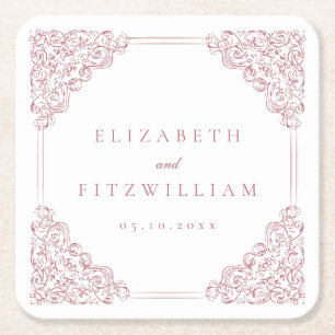 Vintage Romantic Pink Ornate Frame Wedding Square Paper Coaster