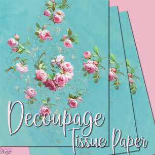 Vintage romantic pink roses on blue decoupage tissue paper