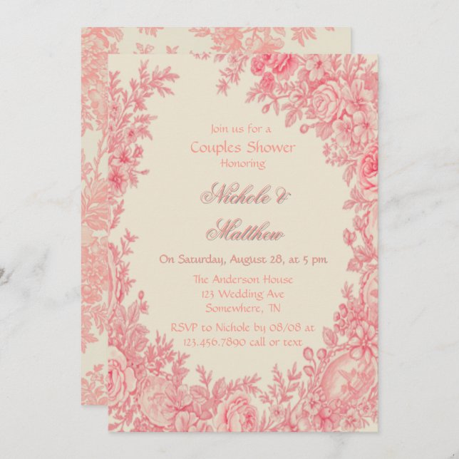 Vintage Romantic Pink Toile Flower Couples Shower Invitation (Front/Back)