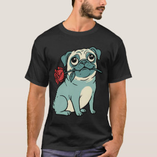 Vintage Romantic Pug Dog With Red Rose T-Shirt