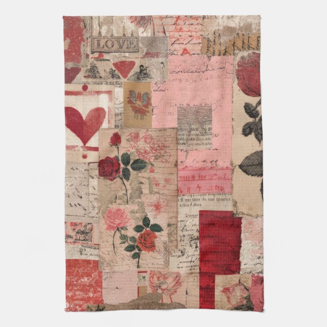 Vintage Romantic Rose Collage (1) Tea Towel (Vertical)