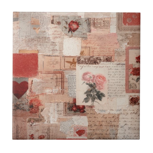 Vintage Romantic Rose Collage (2) Ceramic Tile (Front)