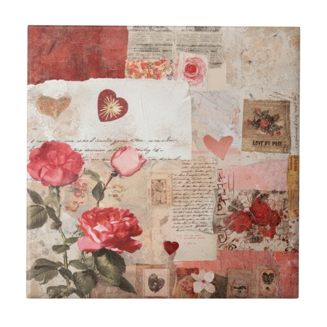 Vintage Romantic Rose Collage (3) Ceramic Tile (Front)