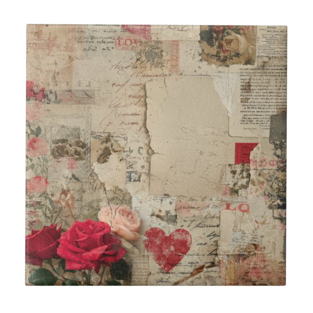 Vintage Romantic Rose Collage (4) Ceramic Tile (Front)