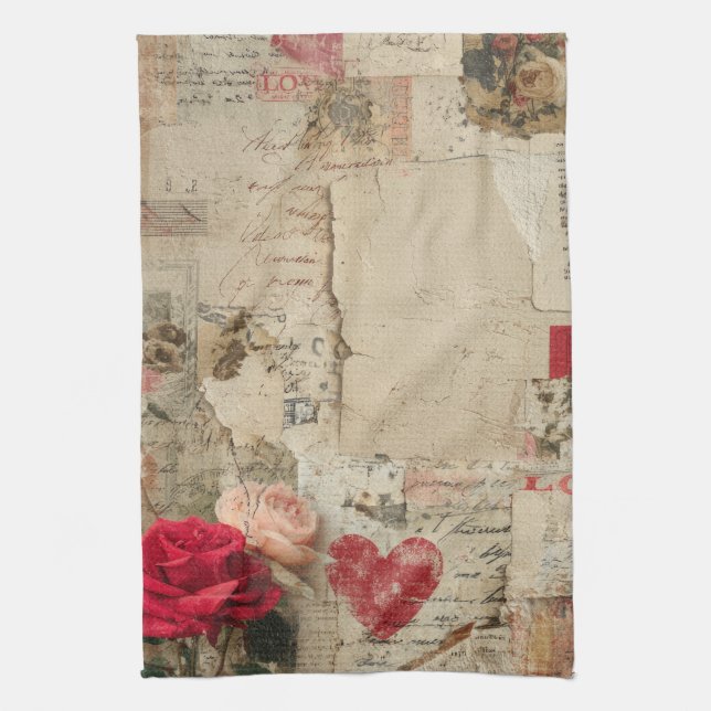 Vintage Romantic Rose Collage (4) Tea Towel (Vertical)