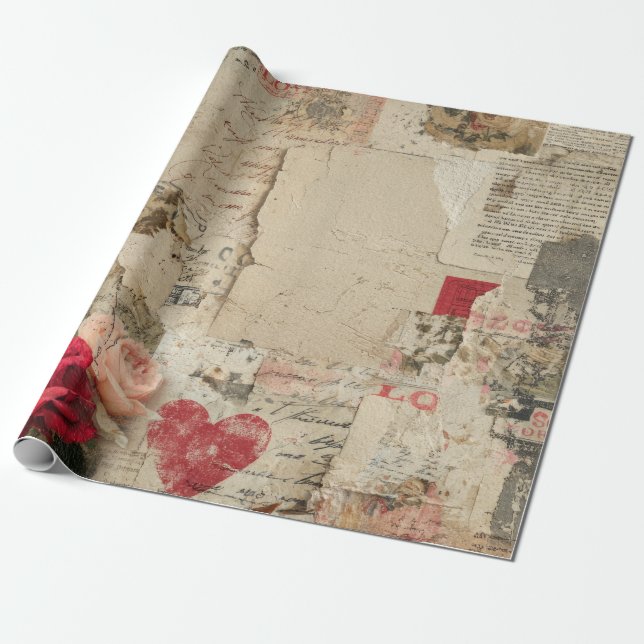 Vintage Romantic Rose Collage (4) Wrapping Paper (Unrolled)