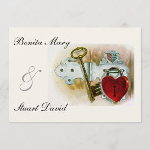 Vintage Romantic Wedding Heart Lock and Key Invitation