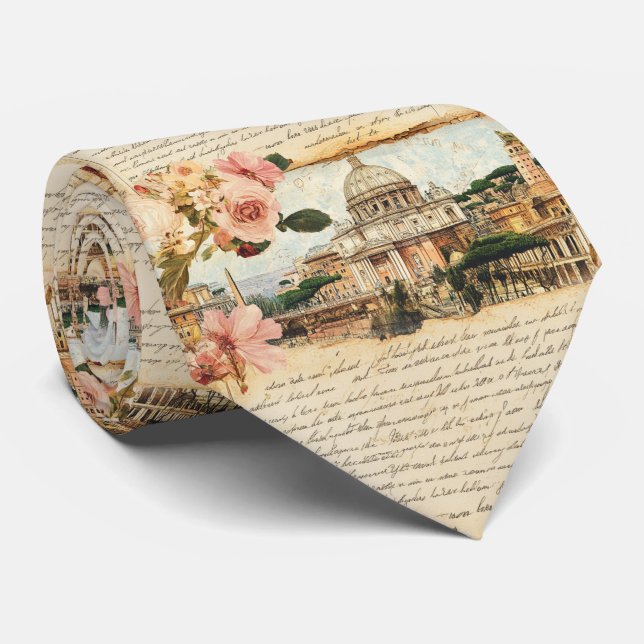 Vintage Rome Letters Floral Art Tie (Rolled)