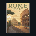 Vintage Rome Travel Postcard<br><div class="desc">Step into the Eternal City with this vintage-style travel poster postcard. This stunning illustration of Rome, Italy, features two iconic landmarks: the magnificent Colosseum and the dome of St. Peter's Basilica in the distance, bathed in a warm, historic light. The design captures the golden age of travel and ancient history....</div>