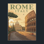 Vintage Rome Travel Postcard<br><div class="desc">Step into the Eternal City with this vintage-style travel poster postcard. This stunning illustration of Rome, Italy, features two iconic landmarks: the magnificent Colosseum and the dome of St. Peter's Basilica in the distance, bathed in a warm, historic light. The design captures the golden age of travel and ancient history....</div>