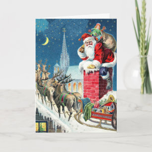 Vintage Rooftop Santa & Sleigh Christmas Holiday Card