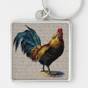 Vintage Rooster and Antique Text Collage - Custom Key Ring