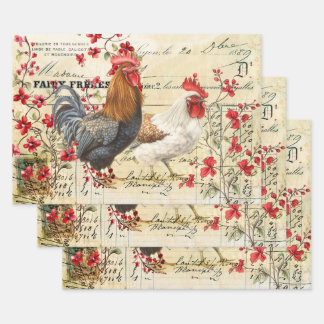 Vintage Rooster and Hen Ephemera Wrapping Paper Sheet
