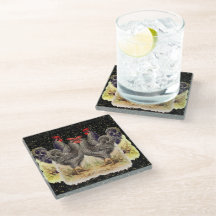 Vintage Rooster Black Gold Stars Coaster