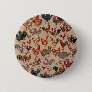 Vintage Rooster Chicken Pattern: Farmhouse Art 6 Cm Round Badge