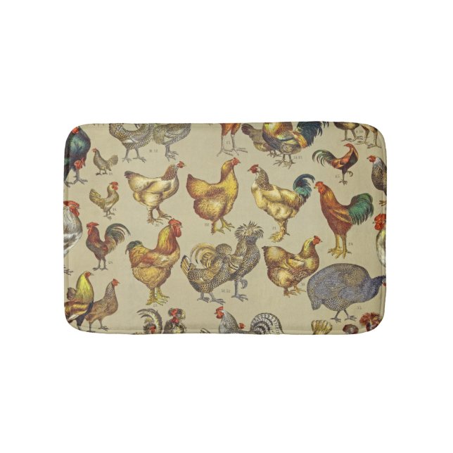 Vintage Rooster Chicken Pattern: Farmhouse Art Bath Mat (Front)