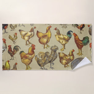 Vintage Rooster Chicken Pattern: Farmhouse Art Beach Towel