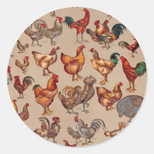 Vintage Rooster Chicken Pattern: Farmhouse Art Classic Round Sticker