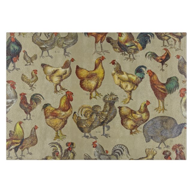 Vintage Rooster Chicken Pattern: Farmhouse Art Cutting Board (Front)