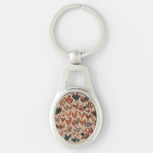 Vintage Rooster Chicken Pattern: Farmhouse Art Key Ring