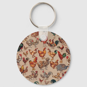 Vintage Rooster Chicken Pattern: Farmhouse Art Key Ring