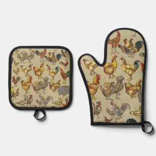 Vintage Rooster Chicken Pattern: Farmhouse Art Oven Mitt & Pot Holder Set