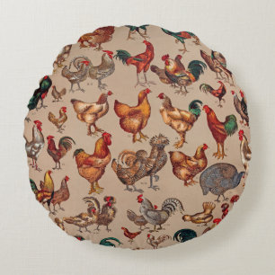 Vintage Rooster Chicken Pattern: Farmhouse Art Round Cushion