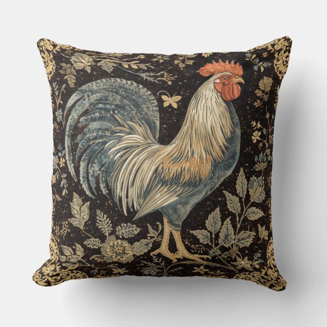 Vintage Rooster, Florals Pattern,Black Background Cushion (Front)