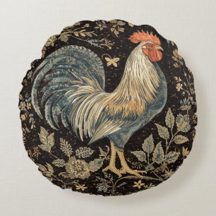Vintage Rooster, Florals Pattern,Black Background Round Cushion