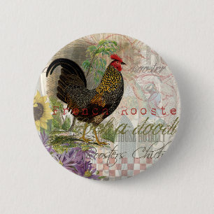 Vintage Rooster French Collage Artwork Print 6 Cm Round Badge