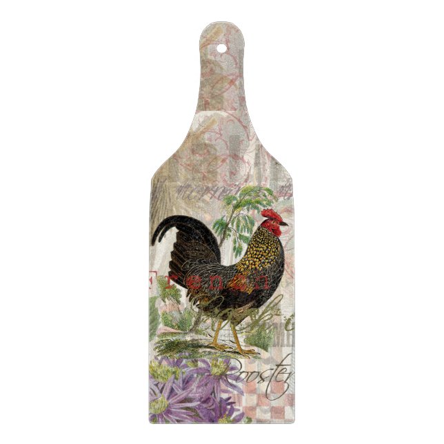 Vintage Rooster French Collage Farm Pet Cutting Board (Front)