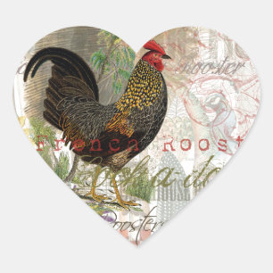 Vintage Rooster French Collage Farm Pet Heart Sticker
