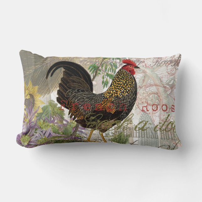 Vintage Rooster French Collage Farm Pet Lumbar Cushion (Front)