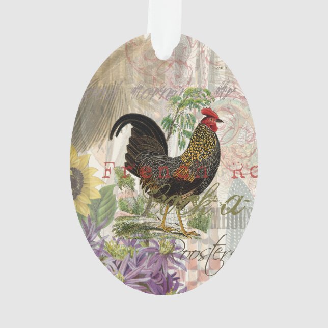 Vintage Rooster French Collage Farm Pet Ornament (Back)