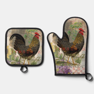 Vintage Rooster French Collage Farm Pet Oven Mitt & Pot Holder Set