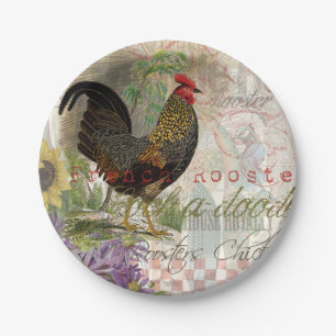 Vintage Rooster French Collage Farm Pet Paper Plate