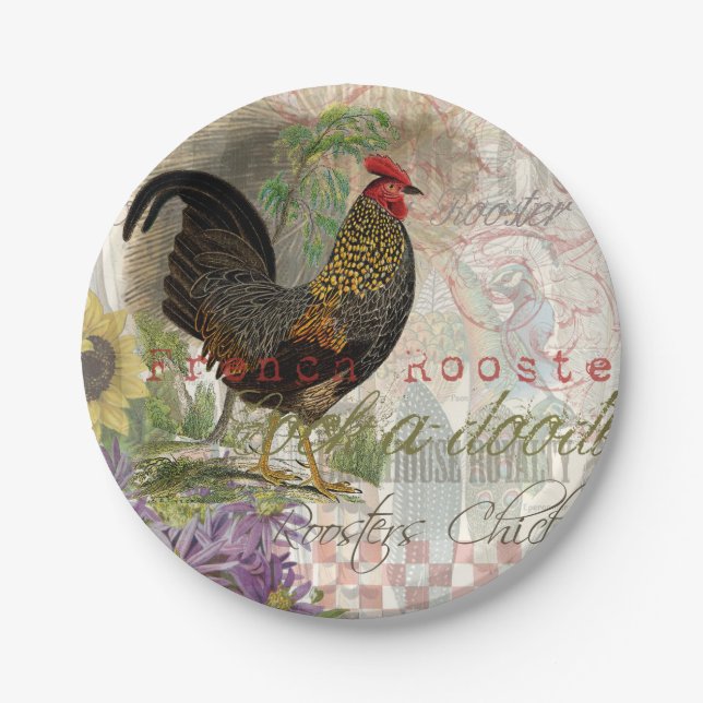 Vintage Rooster French Collage Farm Pet Paper Plate (Front)