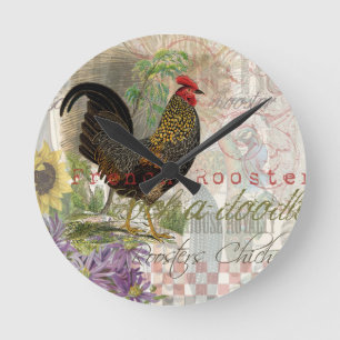 Vintage Rooster French Collage Farm Pet Round Clock