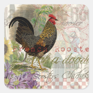 Vintage Rooster French Collage Farm Pet Square Sticker